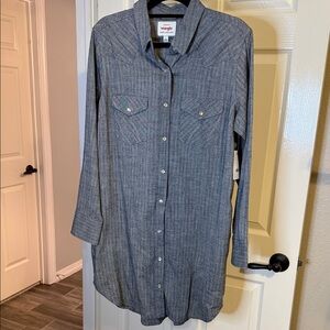 Wrangler Grey Yoke Herringbone Long Sleeve Shirt Dress with Pearl Snaps
